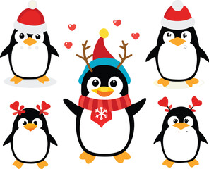 Christmas and New Year Animal Clip art Collection. Cute Cartoon Penguins in Winter and Holiday Outfits with Gifts, Balloons, and Festive Accessories.
