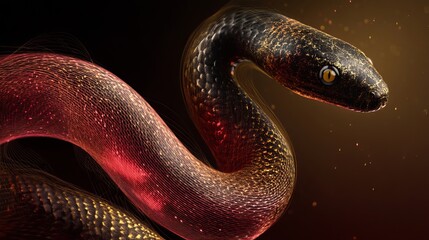 Fototapeta premium Abstract Red Gold Snake Digital Art Elegant Design Modern Artwork Luxury Background Serpentine Body Intricate Details Shimmering Scales Mystic 