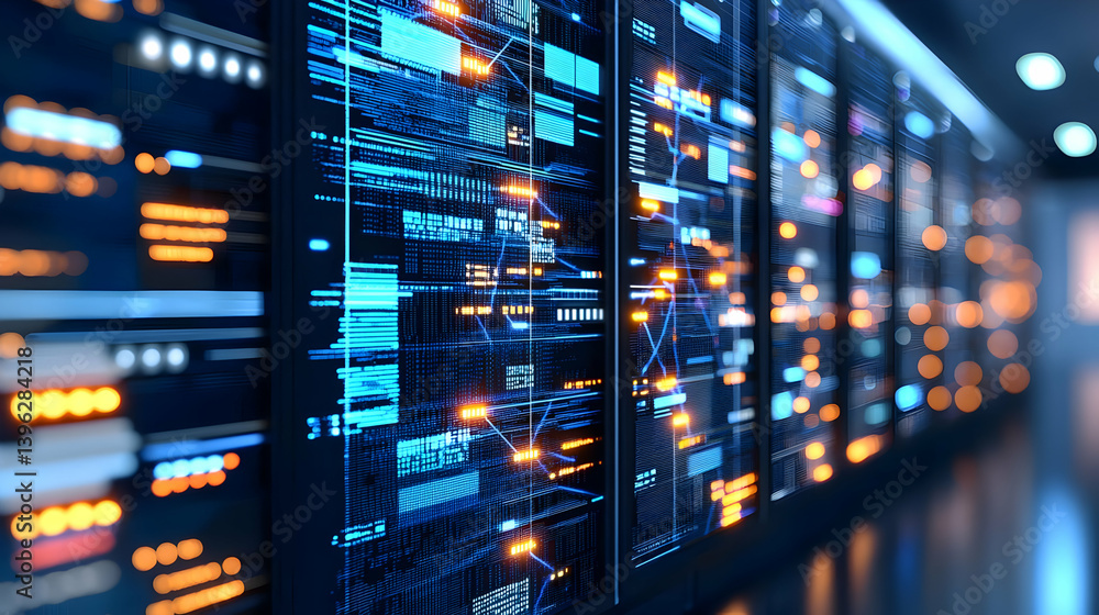Poster modern data center server panels with glowing screens