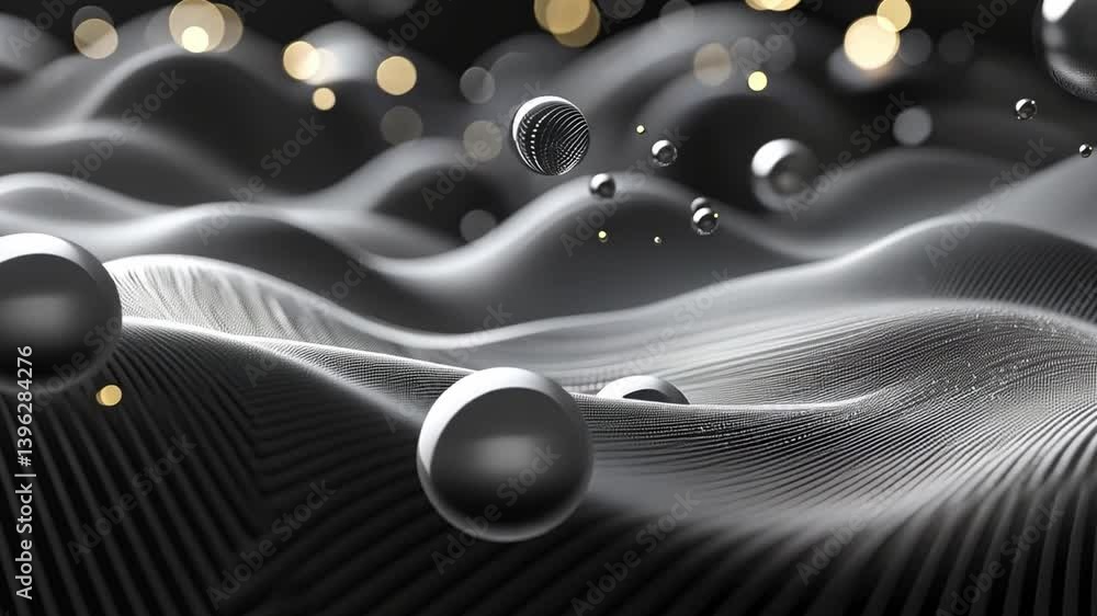 Poster Mesmerizing abstract composition of flowing waves and spheres, showcasing depth and movement, where light and shadow create dynamic interplay in captivating scene.