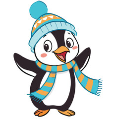 Cute Cartoon Penguins in Winter and Holiday Outfits with Gifts, Balloons, and Festive Accessories – Christmas and New Year Animal Clipart Collection.