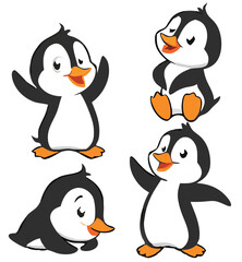 Cute and Silhouette Penguin Vector Set – Cartoon Baby Penguins in Various Poses and Black and White Icons for Kids, Winter, and Wildlife Design.
