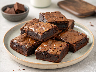 Decadent chocolate brownies, a tempting stack of fudgy squares on a pale plate, bathed in warm, inviting light.