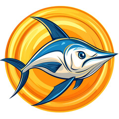 Naklejka premium Illustration Of A Blue Marlin Swimming Against A Vibrant Yellow Circular Background Representing Ocean Adventure And Marine Life