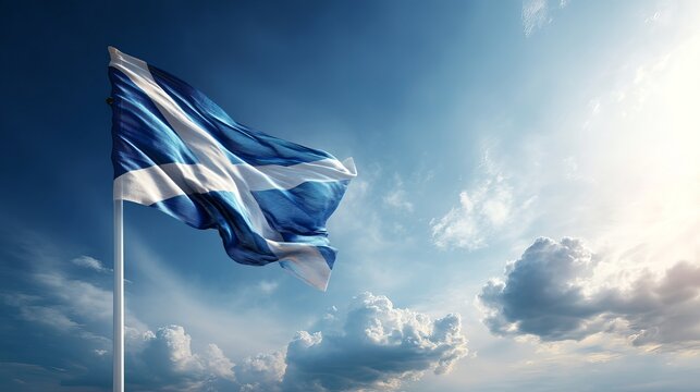 Scottish Flag Waving Proudly in a Bright Blue Sky with Fluffy White Clouds National Symbol Scotland Heritage Patriotic Image wind wave pride photo    