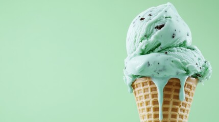 Mint Chip soft serve ice cream dripping on a cone, set against a soft green background with room for your next promotional message