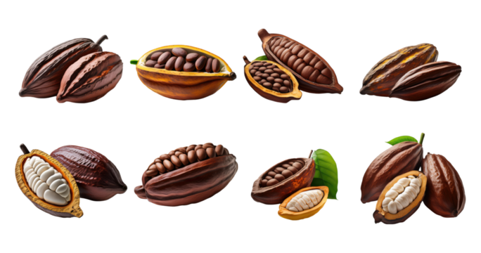 Fresh Cacao Pods and Beans on Transparent Background, PNG bundle collection, Isolated on Transparent Background