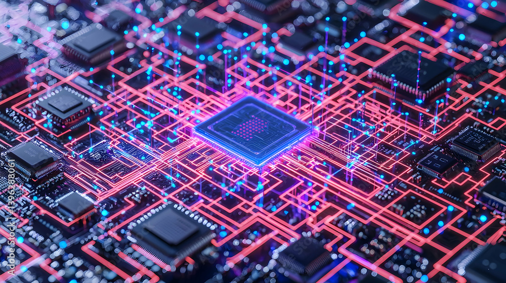 Poster complex circuit board design with glowing components