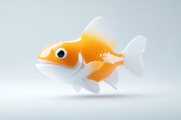 Cute, stylized goldfish illustration.  A digitally rendered, cartoonish goldfish, with a bright orange body and white accents, swims in a simple, bright white background.