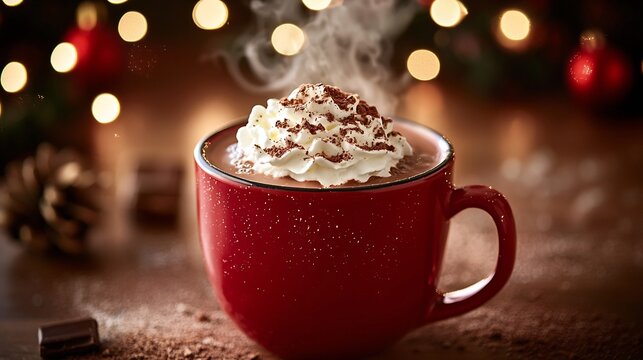 Hot chocolate a red festive mug topped with whipped cream and cocoa dusting warm steam rising Christmas lights softly blurred in the background