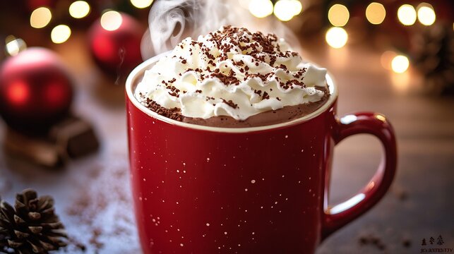 Hot chocolate a red festive mug topped with whipped cream and cocoa dusting warm steam rising Christmas lights softly blurred in the background