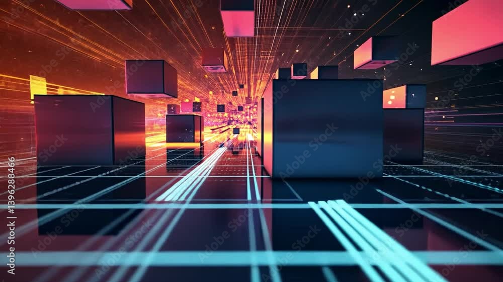 Poster futuristic digital environment with abstract cubes and vibrant light trails, creating depth and moti