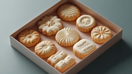 Assorted shortbread cookies with white icing in a presentation box ready for gifting