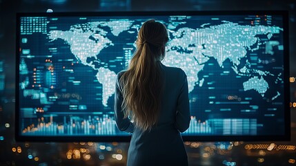 Businesswoman Analyzing Global Data on Digital Screen in Modern Office