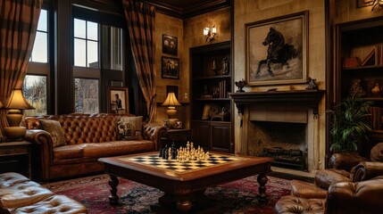 A Luxurious Interior Features Leather Furniture and Chess Pieces