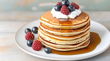 Delicious pancakes with berries and syrup kitchen food photography bright top-down view breakfast concept