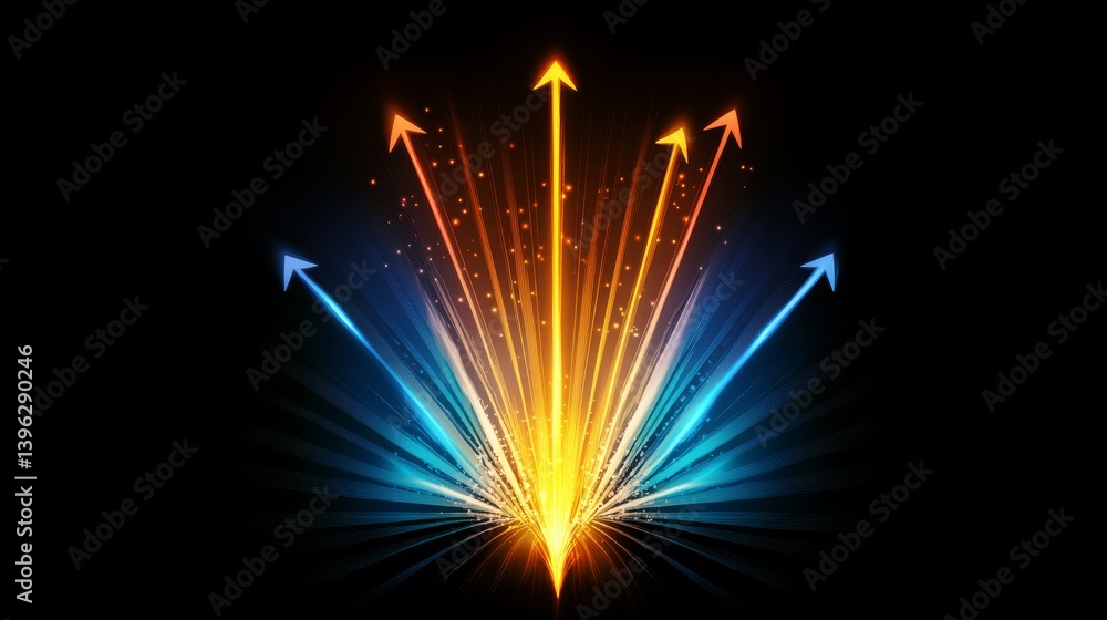 Poster an abstract image with vibrant blue and orange rays from a central point, combined with upward arrow