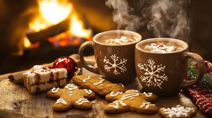 Hot cocoa cookies by the fire A cozy holiday setting with steaming mugs of cocoa festive gingerbread cookies and a warm crackling fireplace