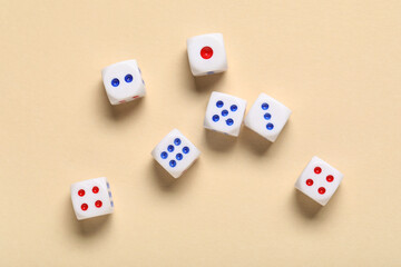 White game dices on beige background