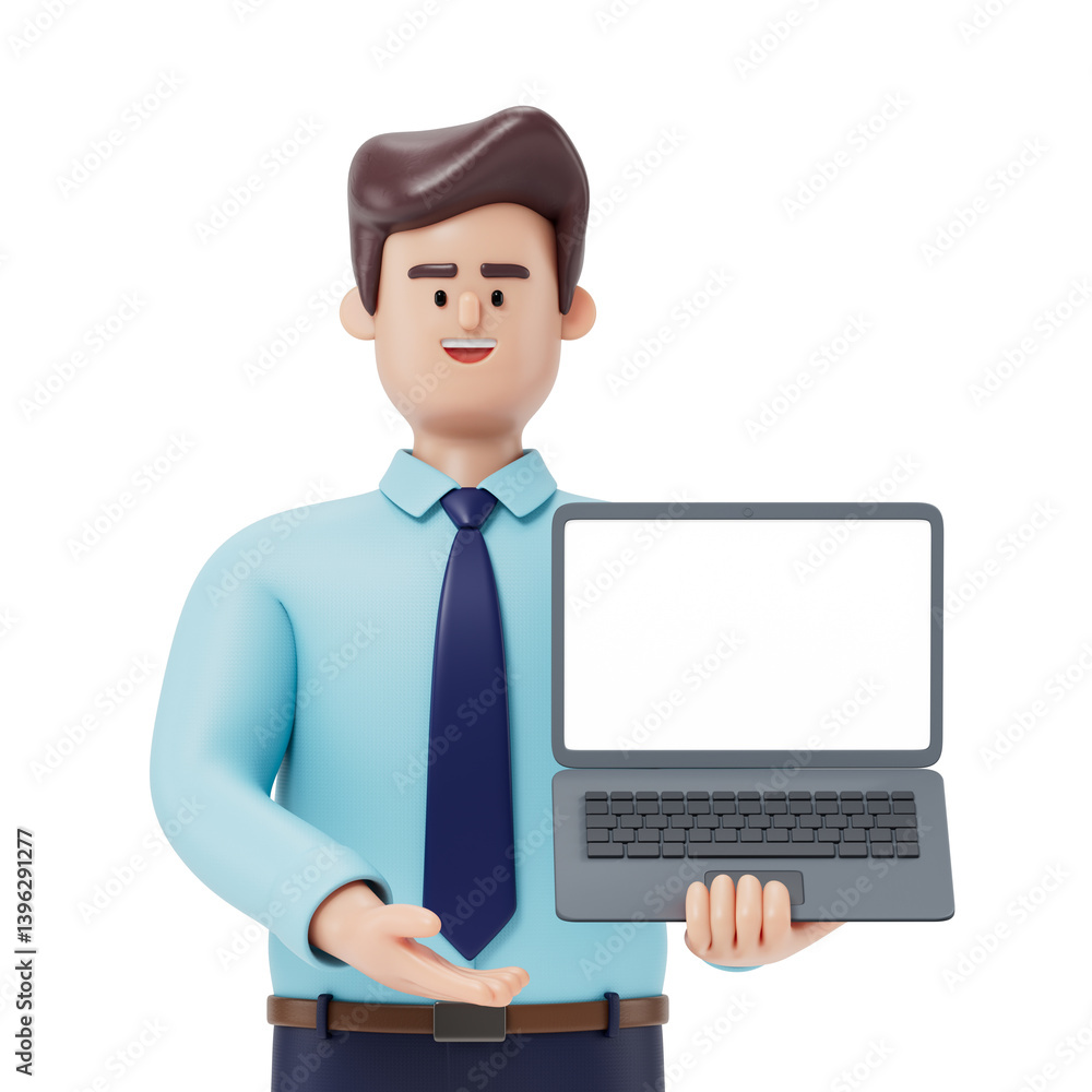Poster a man stands holding a laptop with a blank screen, symbolizing the presentation of information or th