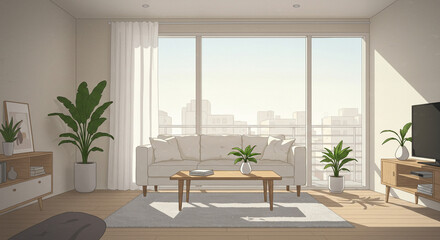 Naklejka premium Modern living room with plants and natural light against city view 