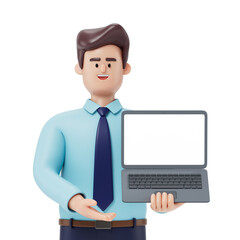 A man stands holding a laptop with a blank screen, symbolizing the presentation of information or the readiness to engage in digital work. 3D rendering, conceptual image. Isolated on white background.