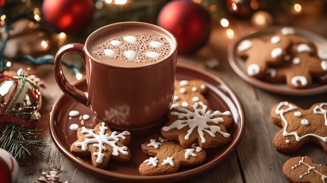 Hot cocoa gingerbread cookies A festive holiday table with a mug of hot cocoa and a plate of freshly baked cookies - Powered by Adobe