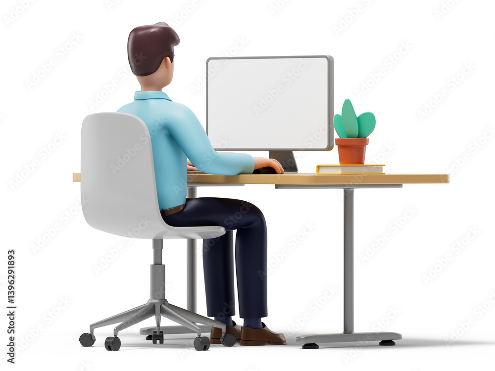 Fototapete a man sits at a desk facing away from the viewer, working on a computer , symbolizing focus and conc