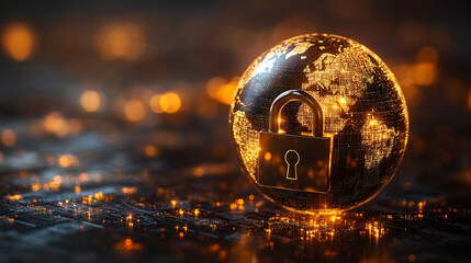 A glowing globe with a digital padlock representing global cybersecurity and digital protection, set against a dark background. Symbolizing the fusion of technology, security, and the digital world.

