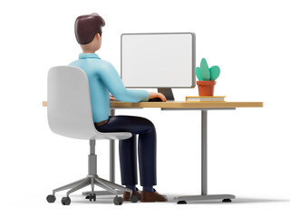 A man sits at a desk facing away from the viewer, working on a computer , symbolizing focus and concentration in a typical office setting. 3D rendering, conceptual image. Isolated on white background.