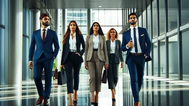 Confident Business Team Walking in Modern Office Building