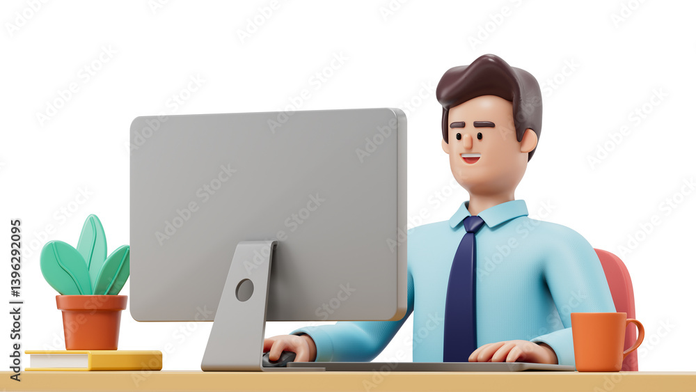 Poster a man is seated at a desk with a laptop, symbolizing a typical office environment and the daily work