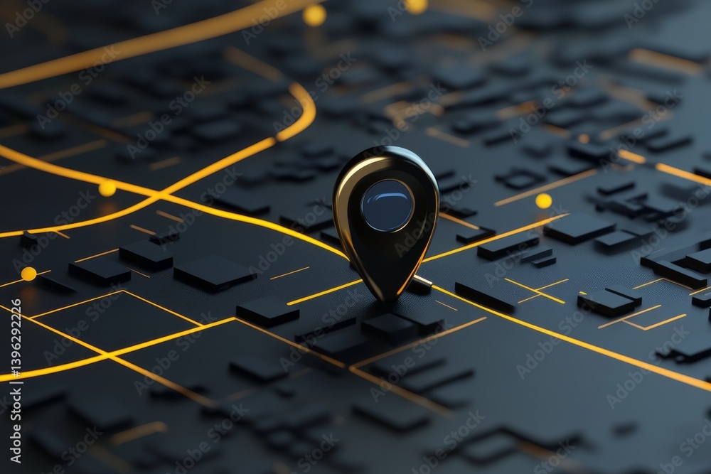 Poster a detailed 3d rendering features a sleek black gps map with a location pin and vibrant orange roads,