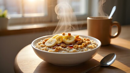 Warm oatmeal with banana slices, nuts, and syrup beside a coffee cup.