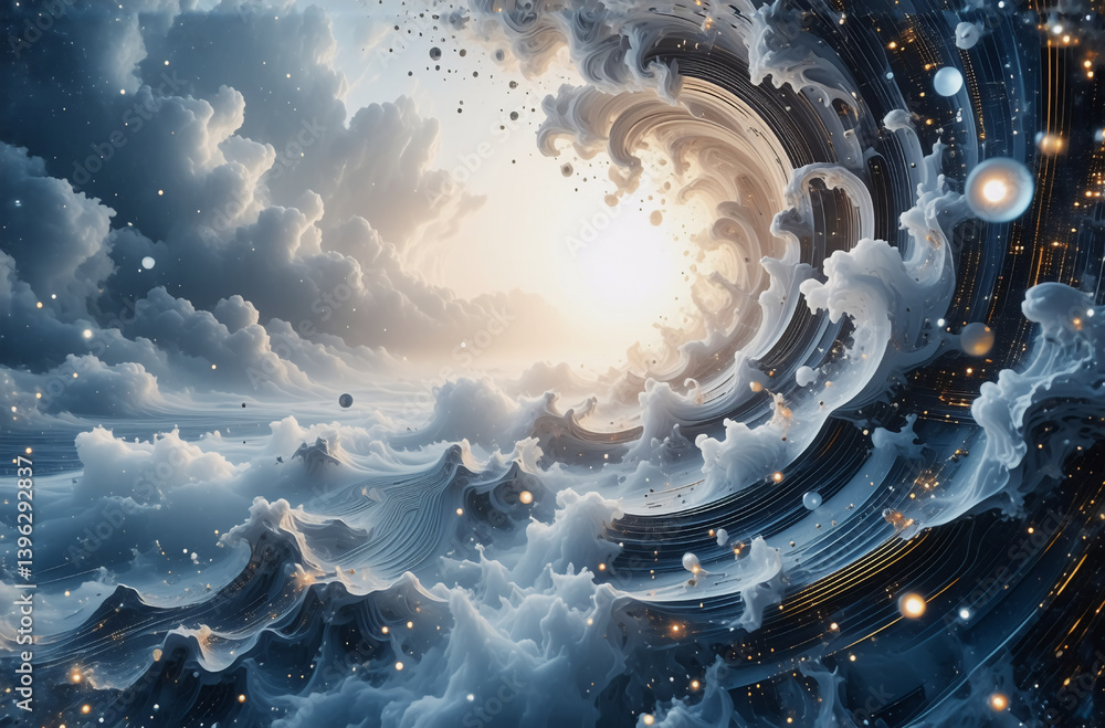 Poster dramatic swirling cloudscape with a radiant light source at its core, creating a portal-like effect.