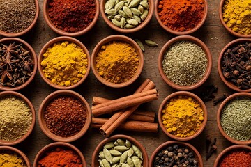 Aromatic Array: A Vibrant Overhead Display of Various Spices in Small Bowls, Including Curry Powder, Cinnamon, Cardamom, and More.