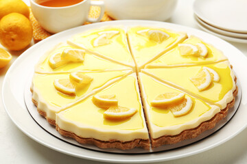 Delicious lemon cheesecake on white table, closeup