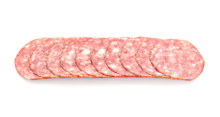 Slices of tasty smoked sausage on white background