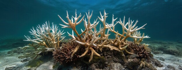 Vibrant coral reef underwater in clear blue sea.