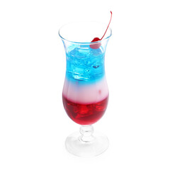 Layered cocktail in colors of American flag with ice and cherry isolated on white