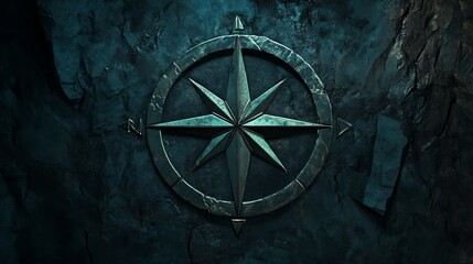 Fototapeta premium Dark Metal Compass Rose on Rustic Teal Stone Background Ancient Mystical Navigation Symbol Detailed Intricate Design Vintage Travel Exploration Theme Dramatic Moody Atmosphere High Resolution Image 