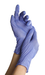 Doctor putting on medical gloves against white background, closeup