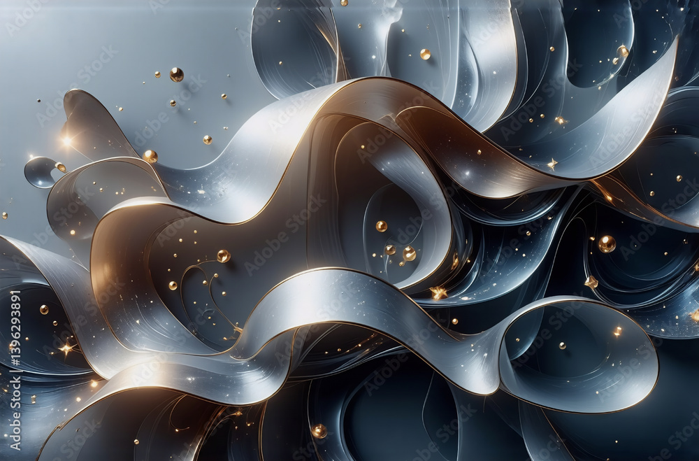 Poster elegant abstract silver ribbons flow dynamically, adorned with scattered golden spheres, creating a 