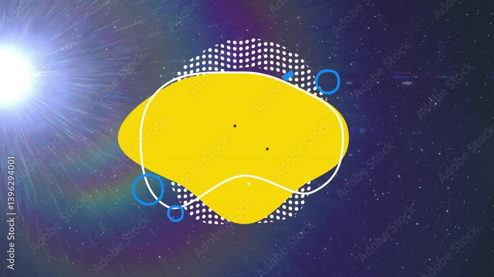Poster animation of yellow abstract shape with blue circles over starry space background