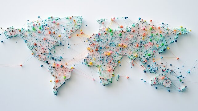 Global Network Connection Colorful Pins World Map Illustration Abstract Background Design Concept International Business Communication Technology Networked World Interconnection Digital Art Graphic   