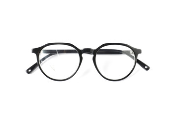 Eyeglasses with one broken lens isolated on white, above view