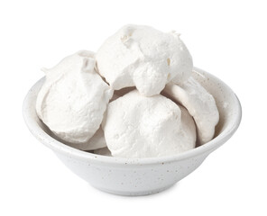 Delicious homemade meringue cookies in bowl isolated on white