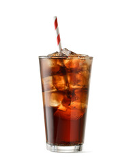 Glass of cola with ice cubes isolated on white