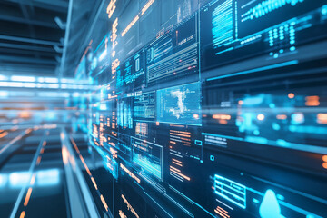 Futuristic Digital Interface Data Streams, Blue Neon, Code, System