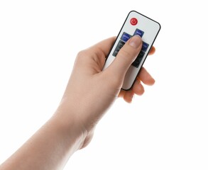 Woman with modern lighting remote control on white background, closeup
